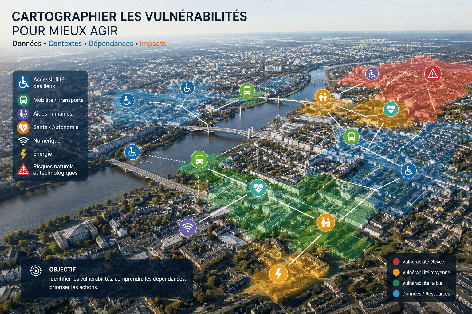 Cartographie des vulnérabilités handicap représentant les dépendances critiques, les territoires et les facteurs de risque pouvant affecter l'autonomie et la continuité des services.