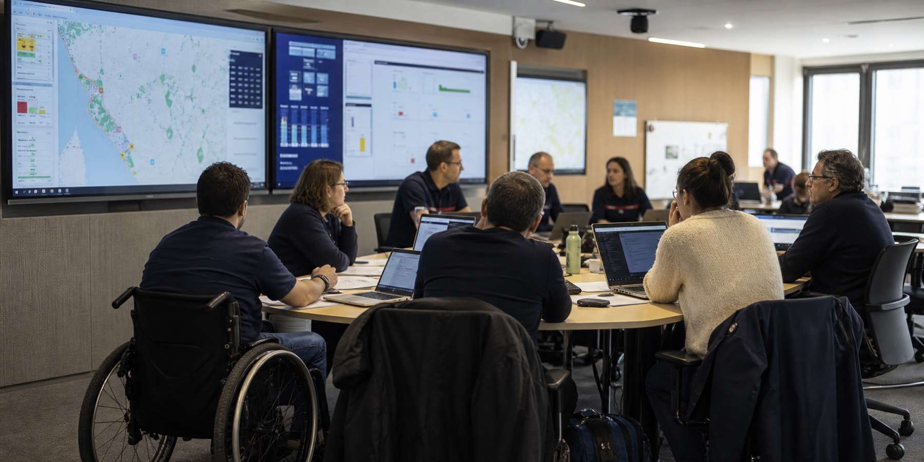 Équipe réunie dans une cellule de coordination avec une personne en fauteuil roulant