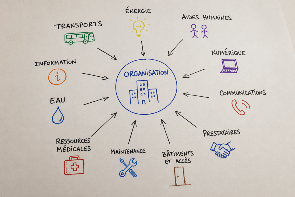 Schéma illustrant les principales dépendances critiques d'une organisation : énergie, transports, aides humaines, numérique, maintenance, bâtiments, eau, communication et ressources médicales.