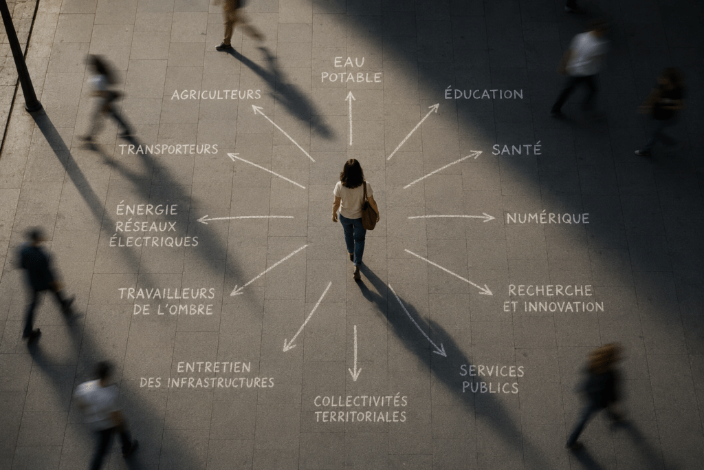 Une personne se tient au centre d’un réseau de flèches représentant les infrastructures, services et métiers dont dépend l’autonomie quotidienne.