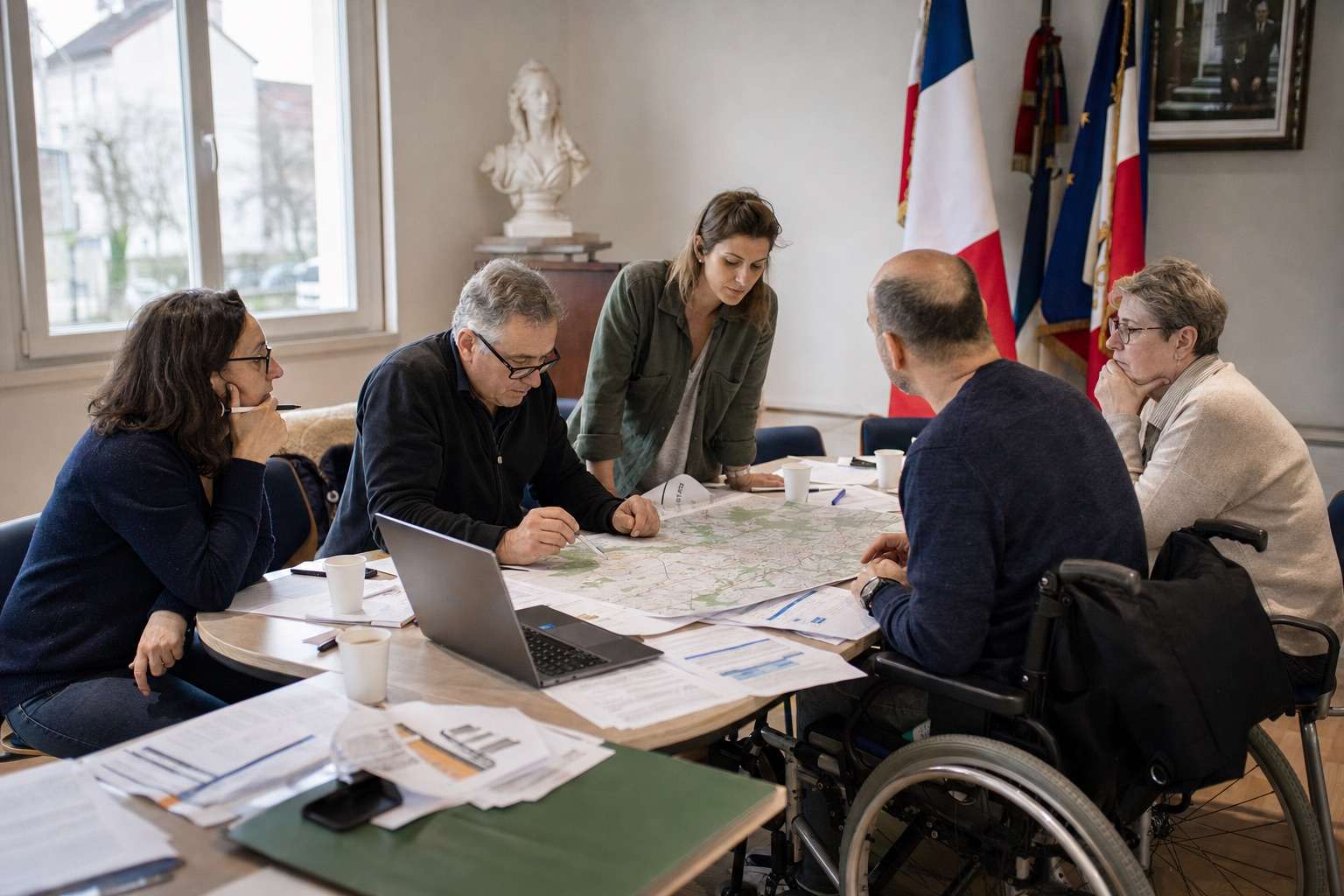 Équipe municipale étudiant un plan d’évacuation autour d’une table, avec un participant en fauteuil roulant
