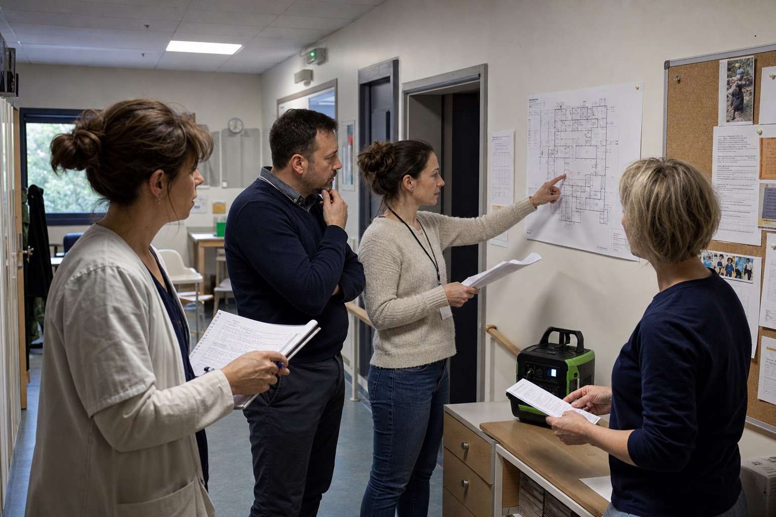 Équipe d’un établissement examinant un plan de bâtiment et ses dépendances techniques