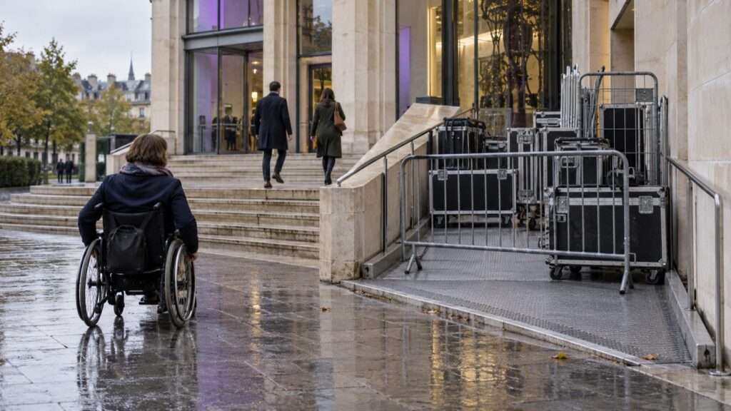 Une personne en fauteuil roulant face à une rampe d’accès temporairement obstruée devant un bâtiment public